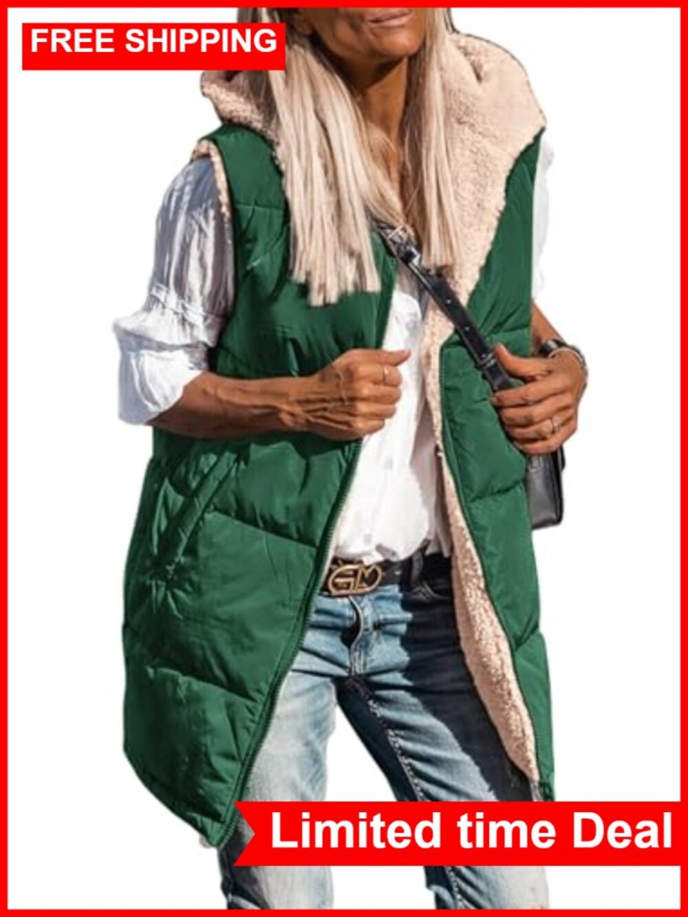 Women's Reversible Fleece Long Vest Hooded Zip Up Sleeveless Winter Coat